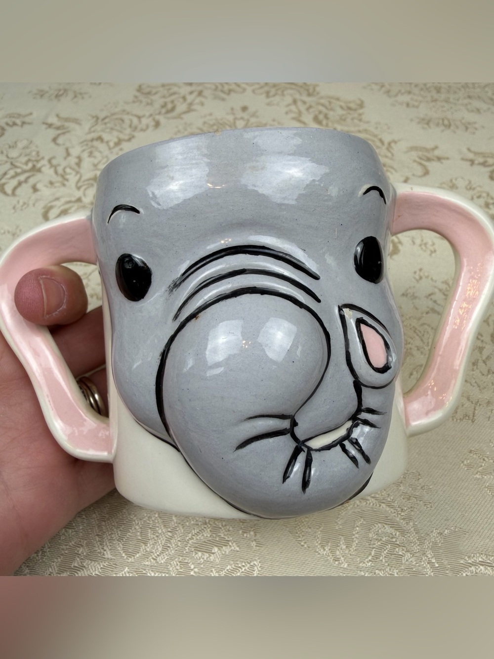 Vintage Holland Mold Gray & Pink Elephant Face Ceramic Double Handled Mug